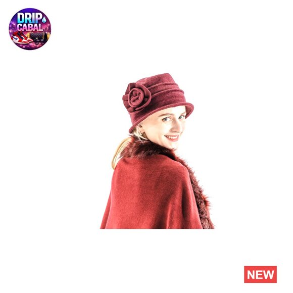 Wool Blend Vintage Cloche Bucket Hat with Stitched Flower Accent